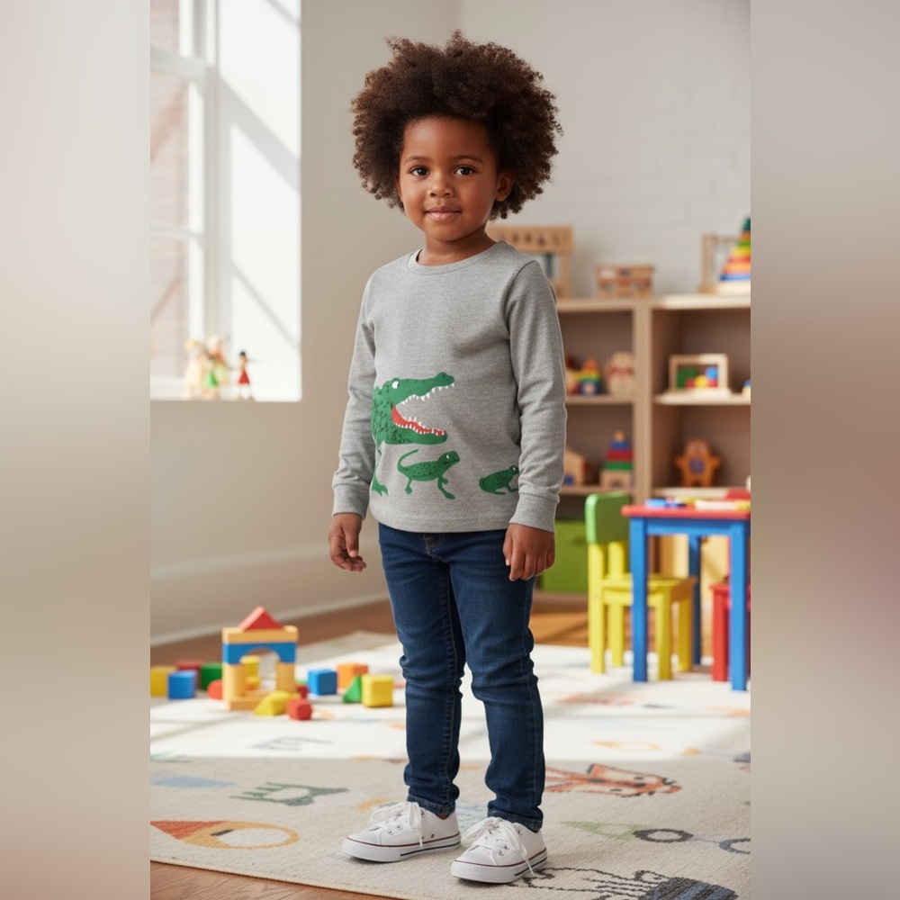 Gray Kids Long Sleeve Tee with Crocodile Print